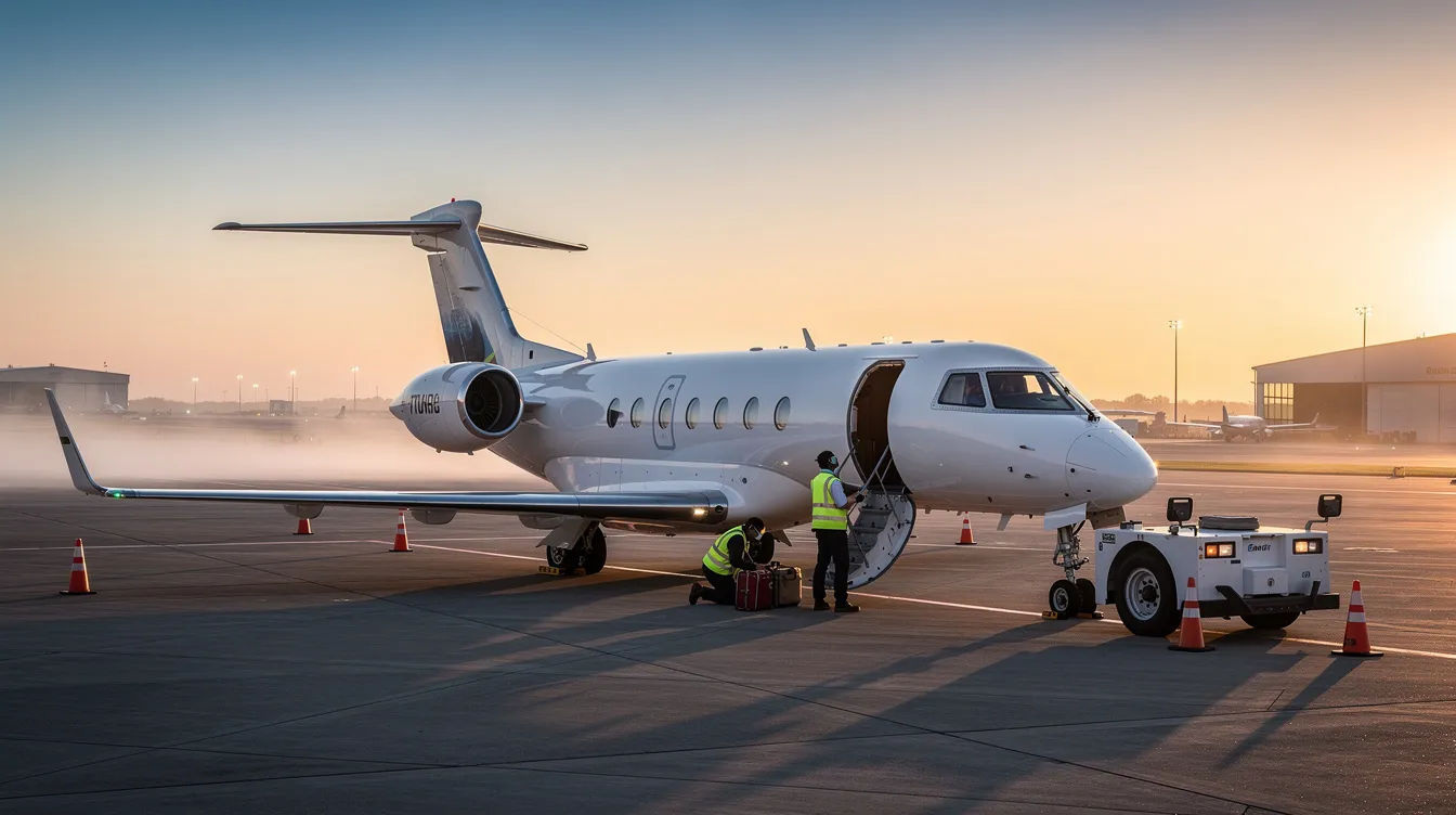 A sleek midsize private jet is parked on the tarmac at dawn, with a ground crew preparing it for departure, highlighting the luxury of private jet travel. The scene captures the essence of private jet charter services, showcasing the aircraft's elegant design against the soft morning light.