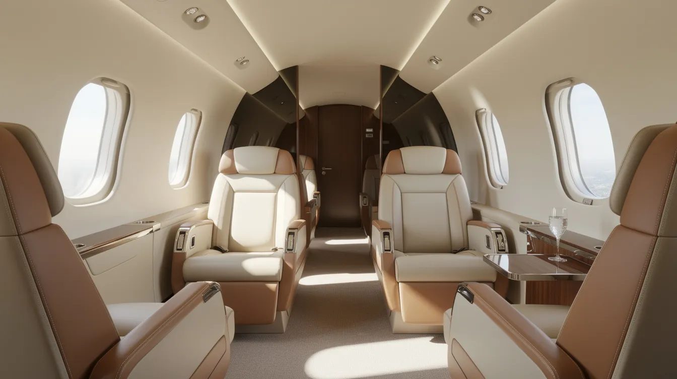 The image depicts the interior of a modern private jet cabin, featuring luxurious leather seats and ample natural light filtering through oval windows, creating an inviting atmosphere for private jet travel. This elegant setting exemplifies the comfort and style associated with private jet charter services.