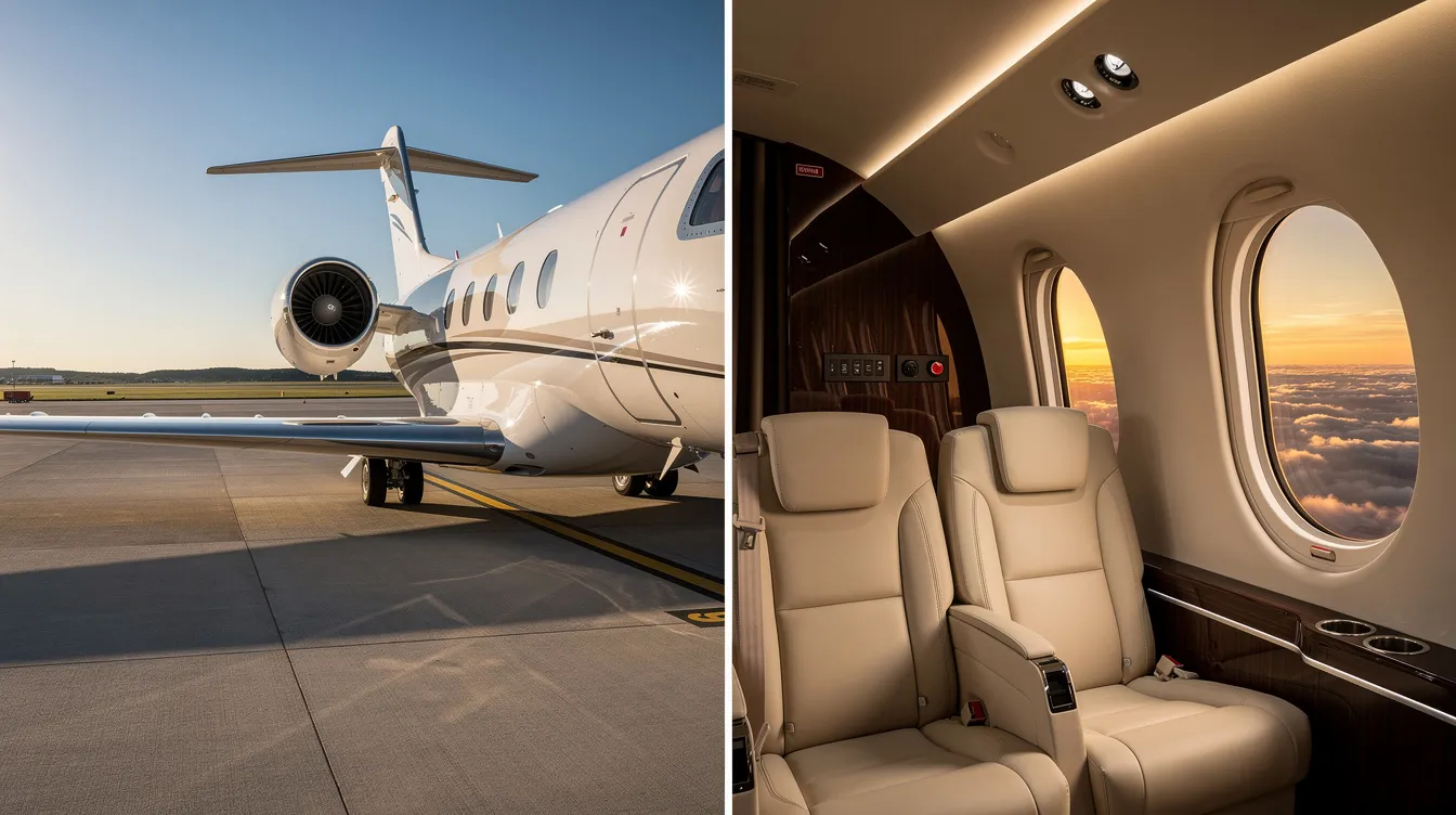 The image features a sleek private jet parked on a tarmac, showcasing its modern design and spacious cabin. This private aircraft is ideal for charter flights, providing a luxurious travel experience for business and leisure, with varying private jet charter costs depending on the type and distance of the flight.