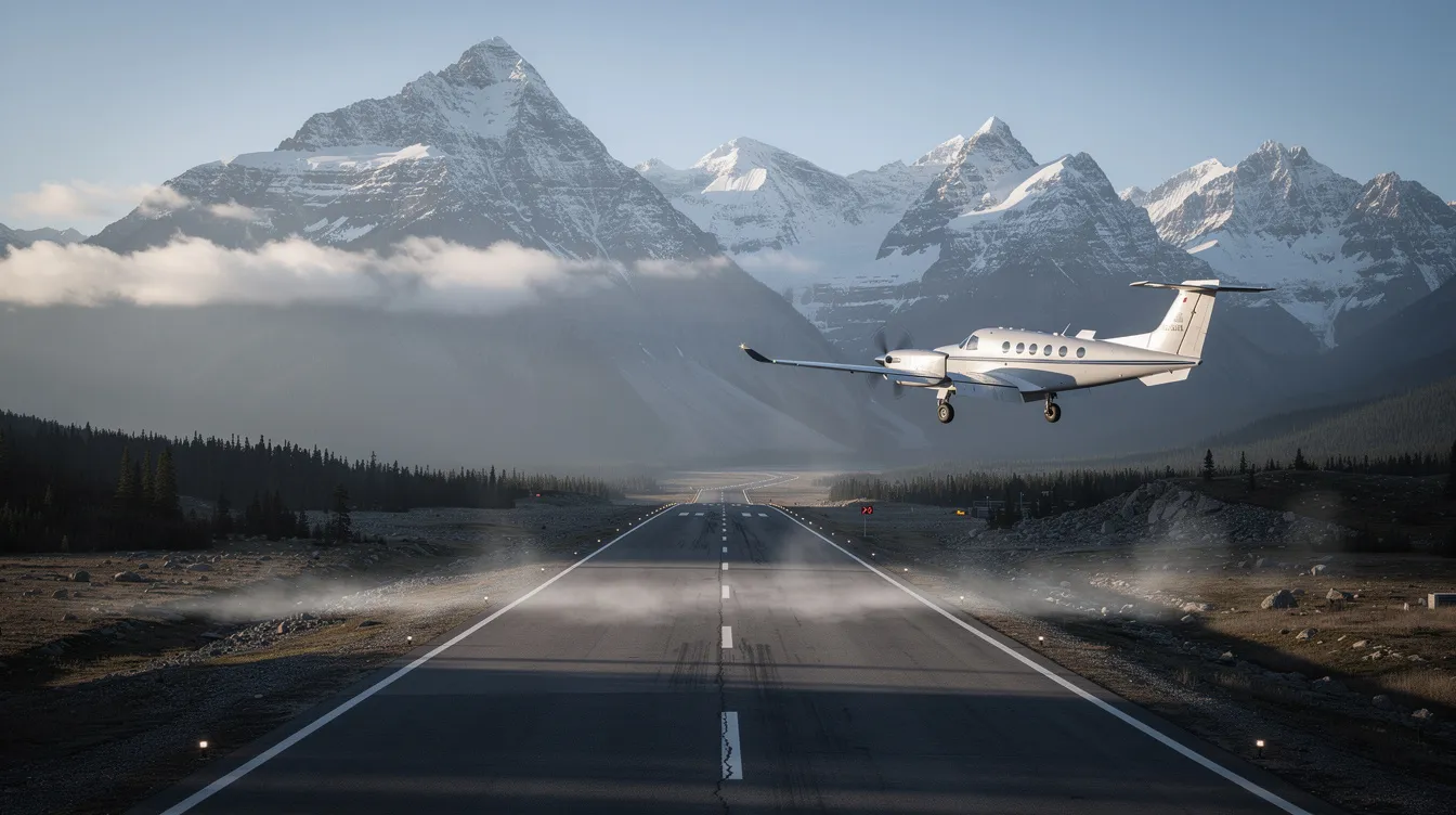 A small private aircraft, likely a turboprop plane, is approaching a mountain runway with stunning snow-capped peaks in the background, showcasing the versatility of private aviation for regional flights and leisure travel. The scene captures the essence of private jet charter, highlighting the convenience of accessing remote airports amidst breathtaking landscapes.
