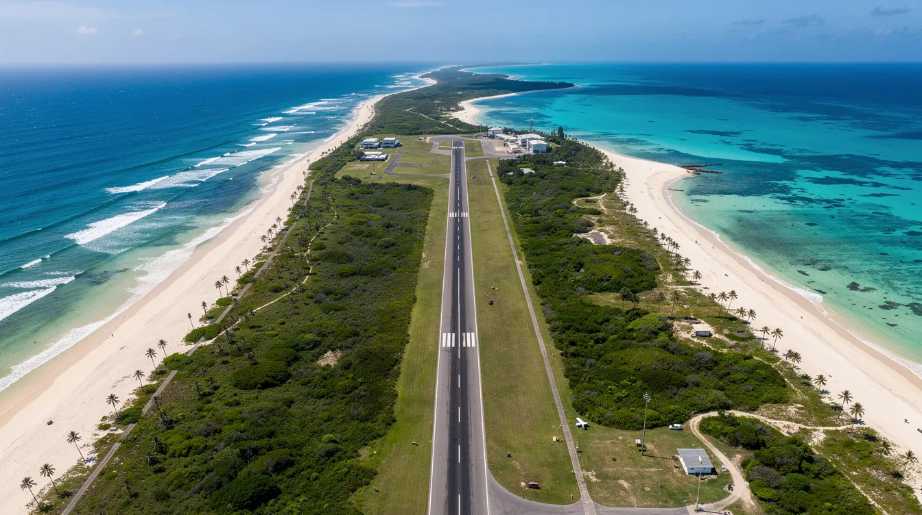 The image shows an aerial view of a small coastal airport runway, surrounded by stunning turquoise water and sandy beaches, ideal for private jet charter and regional flights. This picturesque scene highlights the accessibility of private aviation to remote locations, perfect for both business and leisure travel.