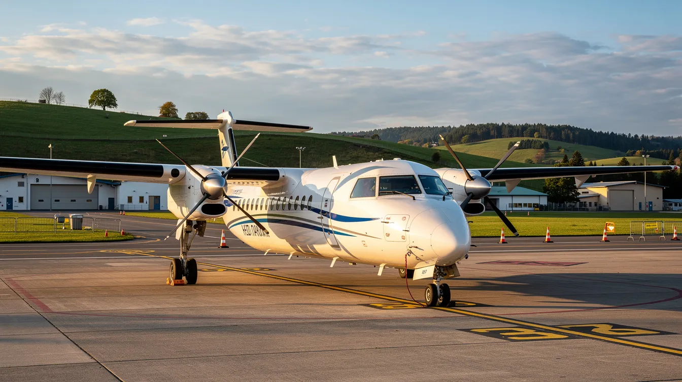 A twin-engine turboprop aircraft is parked on the ramp at a small regional airport, surrounded by lush green hills in the background. This versatile turboprop plane offers a cost-effective option for private flights, catering to both business and leisure travel needs.