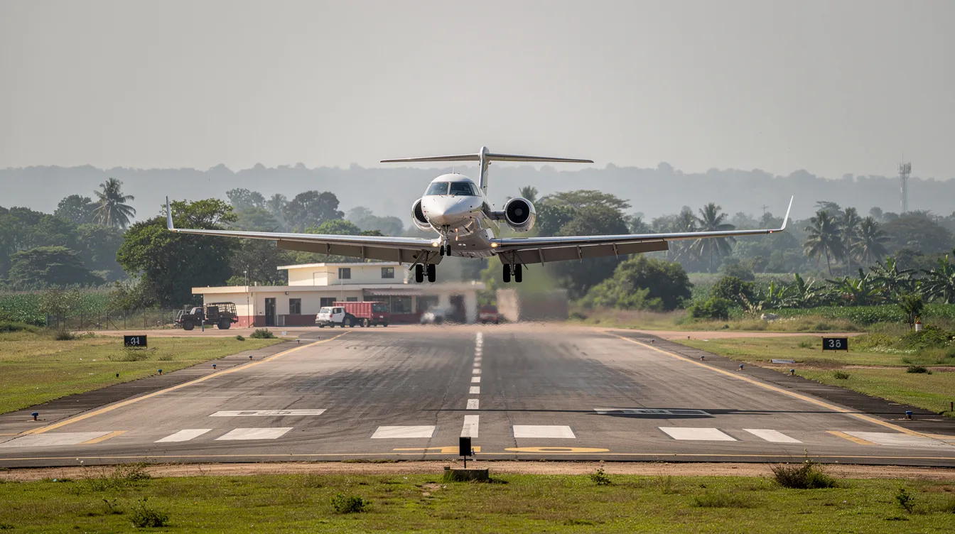 A small private jet is landing at a regional Indian airport, surrounded by lush green landscapes. This scene highlights the appeal of private jet travel in India, showcasing the convenience and luxury of private aviation amidst a serene environment.