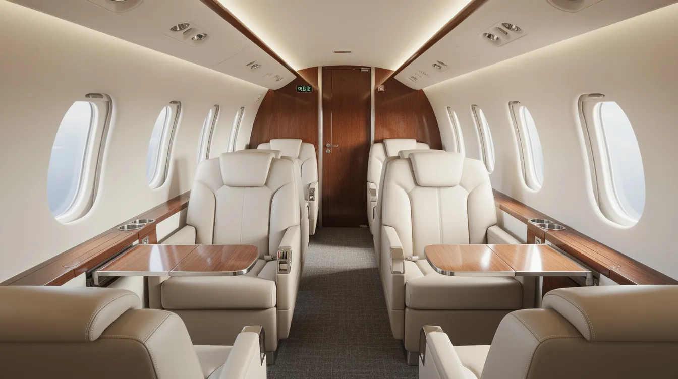 The image depicts the interior of a spacious midsize business jet cabin, featuring luxurious leather seats and ample natural light streaming through large windows. This elegant setting is ideal for private jet travel, offering a comfortable environment for business meetings or leisure journeys.
