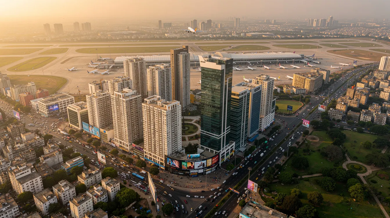 An aerial view showcases a modern Indian city skyline, with the bustling Indira Gandhi International Airport visible in the distance. The scene highlights the contrast between urban architecture and the airport, which serves as a hub for both commercial airlines and private jet travel in India.