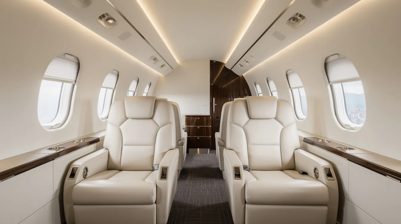 The image showcases the interior of a modern mid-size private jet cabin, featuring plush cream leather seats and soft ambient lighting that create a luxurious atmosphere for passengers. This elegant space is ideal for those considering private air travel, especially with options like last minute private jet deals and empty leg flights for cost-effective journeys.