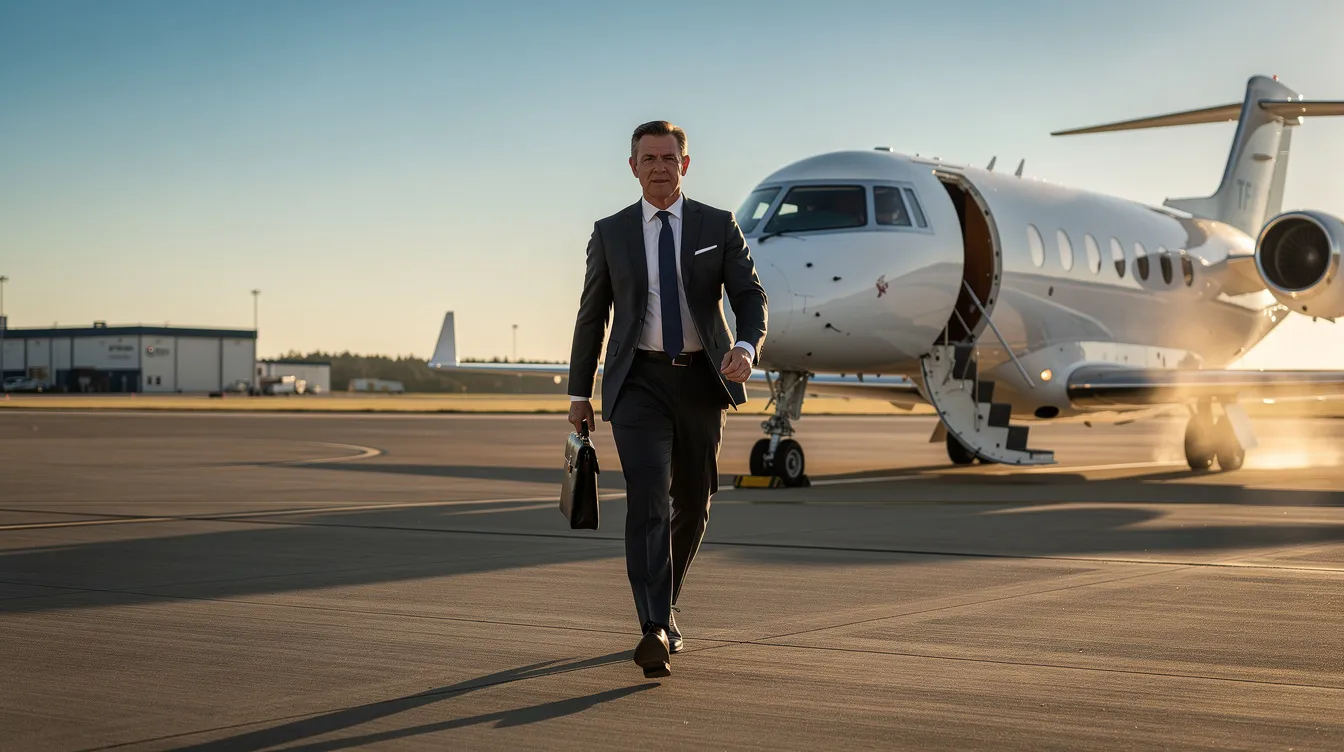 An executive in a sharp business suit strides confidently towards a private jet parked on a sunlit tarmac at a quiet regional airport, symbolizing the luxury and convenience of private air travel. This scene captures the essence of last minute private jet flights, showcasing the ease of booking and the benefits of flying private.