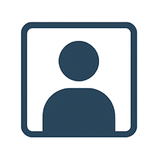 Simple dark blue user profile icon inside a rounded square frame on a light background.