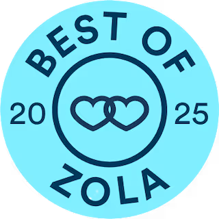 Blue circular badge with two interlocking heart icons inside and text 'Best of Zola 2025'.