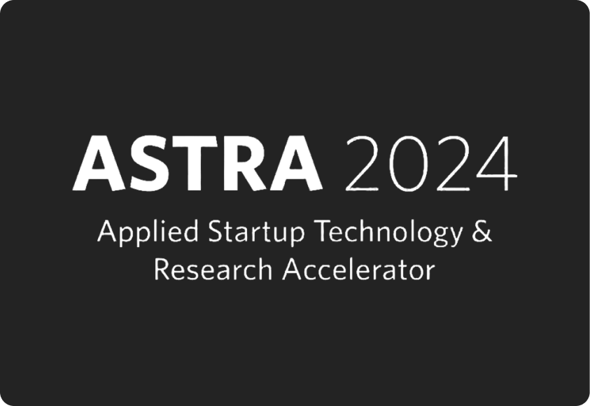 Text reads "ASTRA 2024 Applied Startup Technology & Research Accelerator" over a textured dark background, conveying innovation and professionalism.