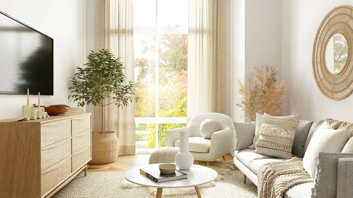 Beautiful golden-lit room with art, furniture, and plant
