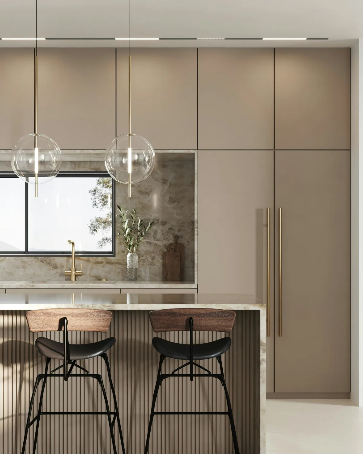 Moody kitchen with clear round pendant lights