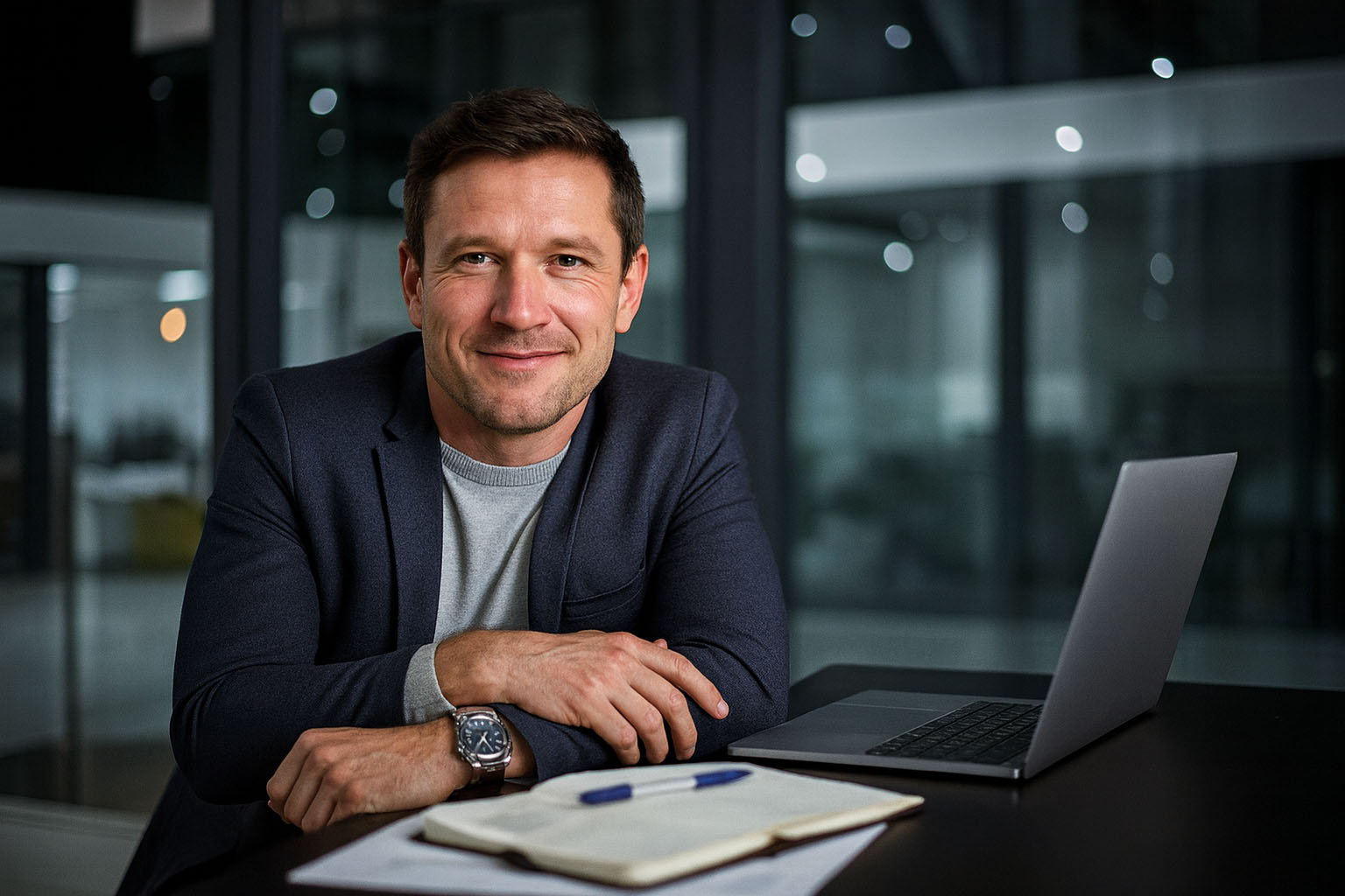 Man sitting at desk with laptop and notebook, smiling at camera.