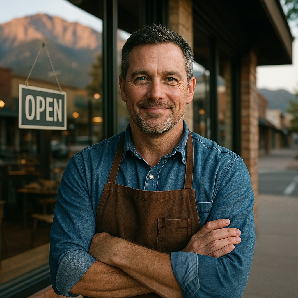 Middle-aged Colorado Springs business owner standing confidently outside his shop at sunset.