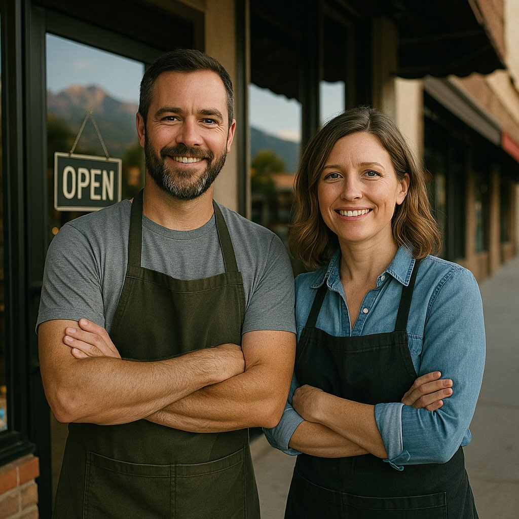 Two Colorado Springs business owners, a man and woman, smiling outside their storefront at sunset.