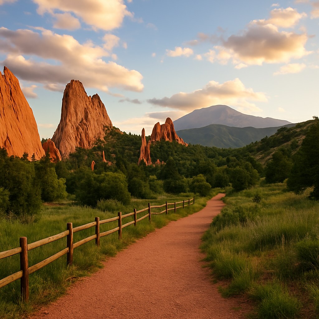 Garden of the Gods at sunset with red rock formations, green trees, and Pikes Peak in the background.