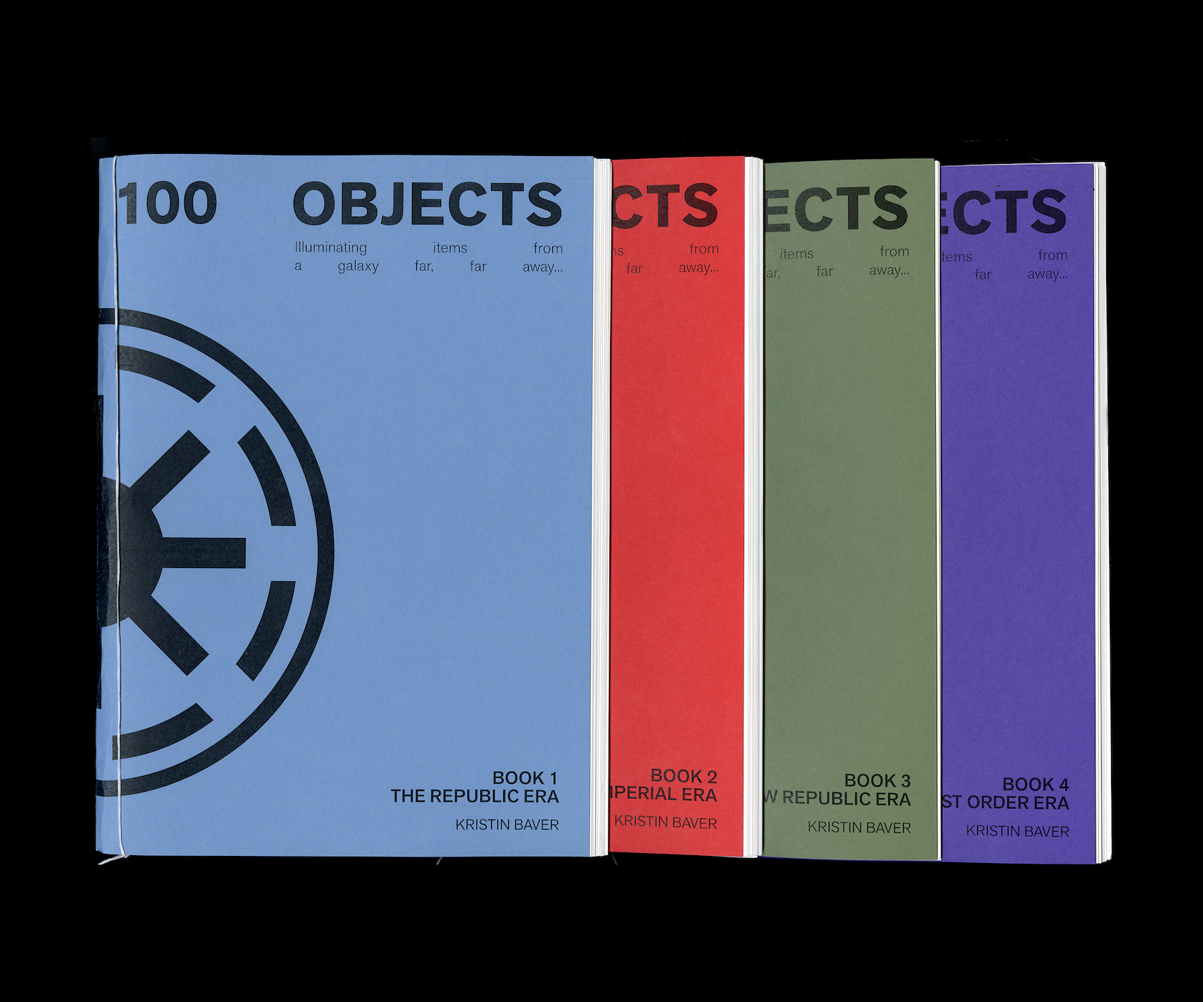 Set of four colorful books titled '100 Objects' by Kristin Baver, each covering different eras of a galaxy from far away.