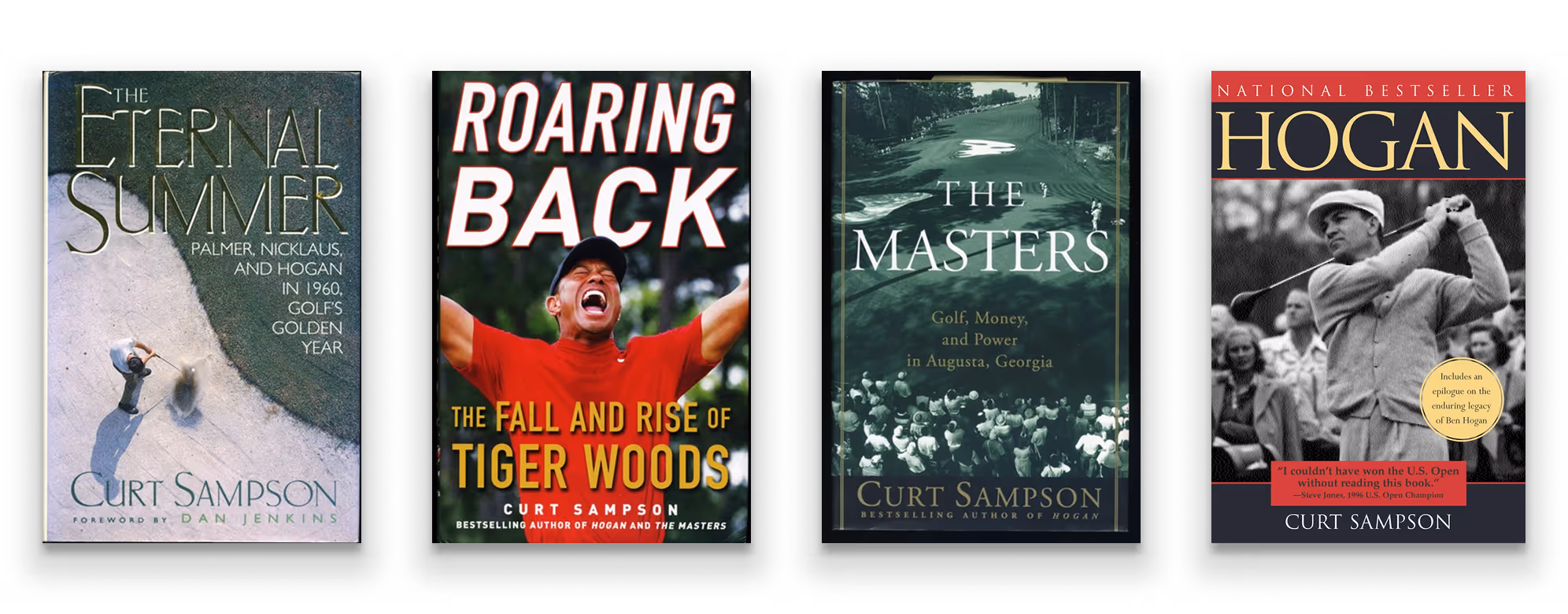 Four books side by side: The Eternal Summer, Roaring Back, The Masters, and Hogan. 