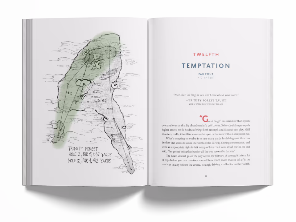 A book open to a page with hole map and text