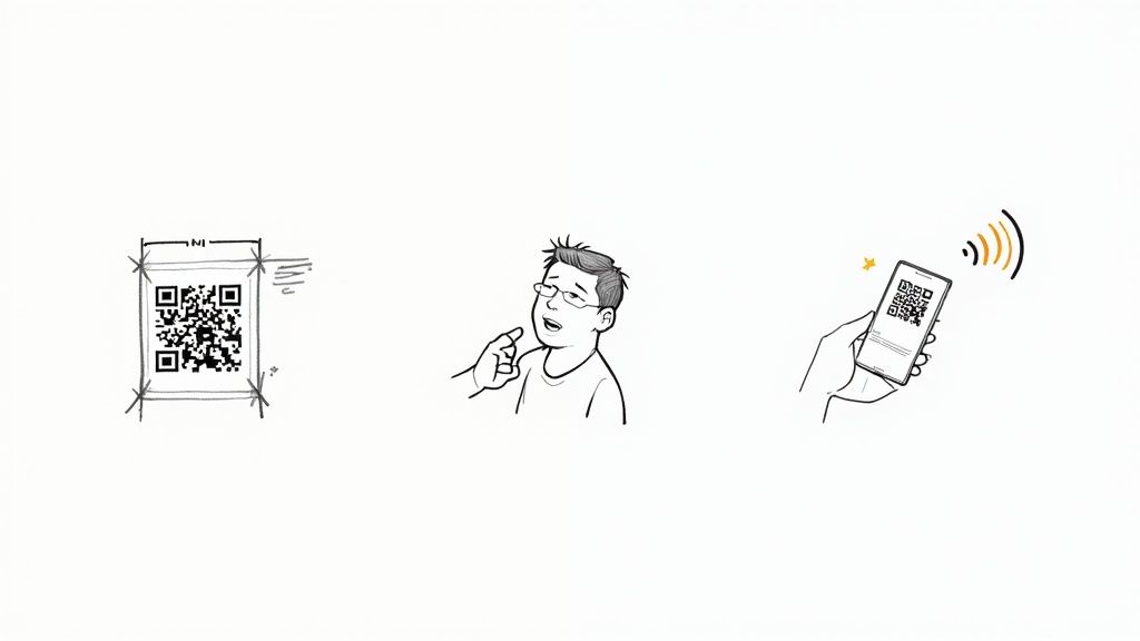 Atraktívny QR kód na stole v kaviarni nabáda zákazníkov k pridaniu digitálnej karty do Apple Wallet.