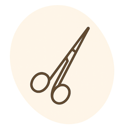 Simple brown line drawing of a pair of scissors on a light beige irregular oval background.