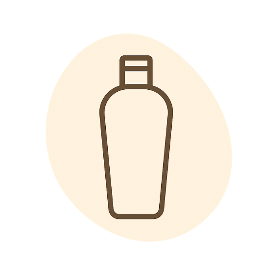 Outline icon of a closed bottle or container on a beige irregular circular background.