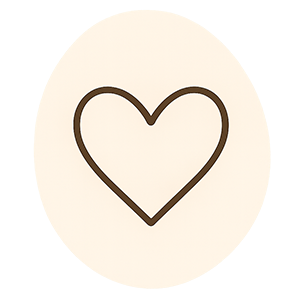 Simple dark brown heart outline on a light beige circular background.