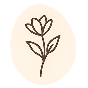 Simple brown line drawing of a flower with three petals and two leaves on a beige oval background.