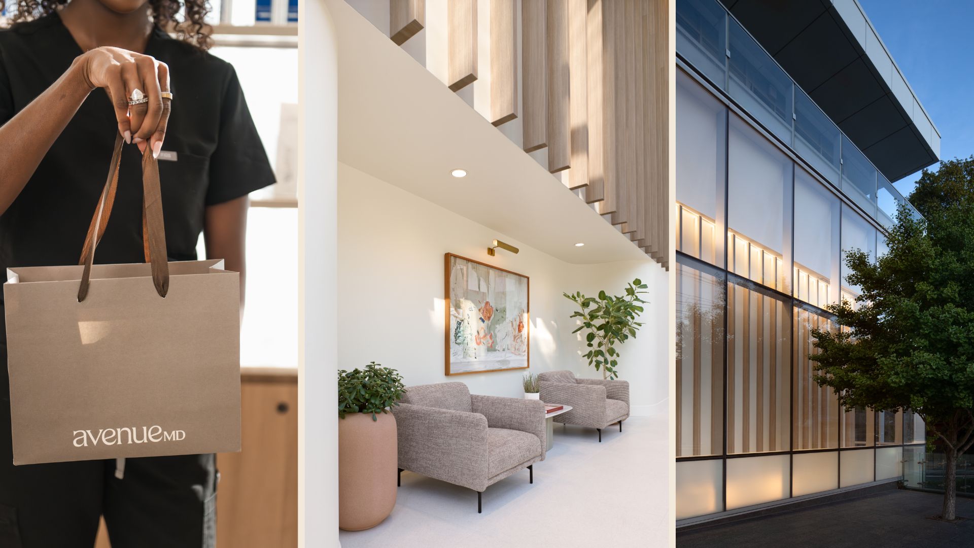 Person holding a brown shopping bag with AvenueMD logo, modern waiting area with armchairs and plants, and exterior of AvenueMD building with large windows at dusk.