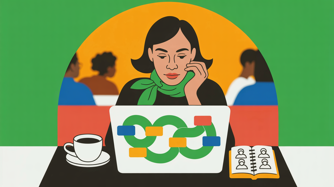 Professional woman deeply focused on customer analysis work at cafe, reviewing digital strategy on laptop with natural lighting creating warm, thoughtful atmosphere