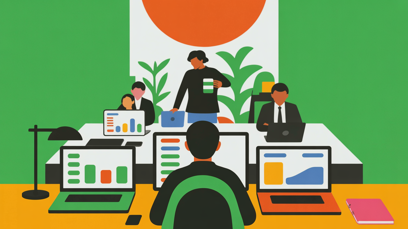 Bright modern office workspace with professionals engaged in collaborative work, natural lighting and clean design emphasizing productivity and strategic thinking