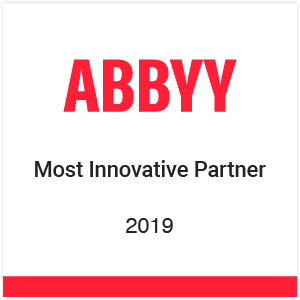 ABBBY Most Innovative Partner award for 2019 with bold red ABBYY text and black text on white background.