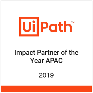 UiPath Impact Partner of the Year APAC 2019 award badge with orange and black text on white background.