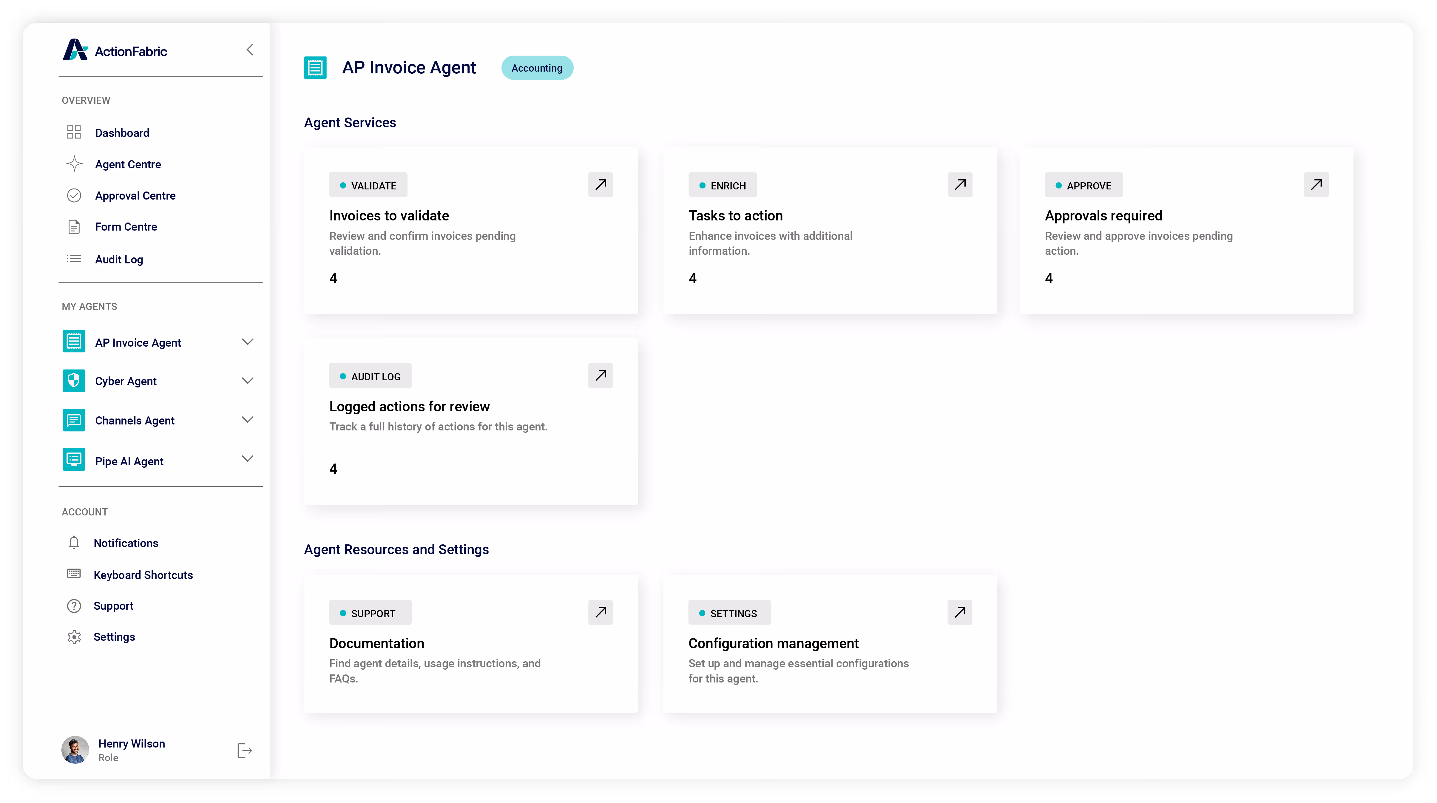 Dashboard interface for AP Invoice Agent showing sections for validating invoices, tasks to action, approvals required, logged actions for review, documentation, and configuration management.