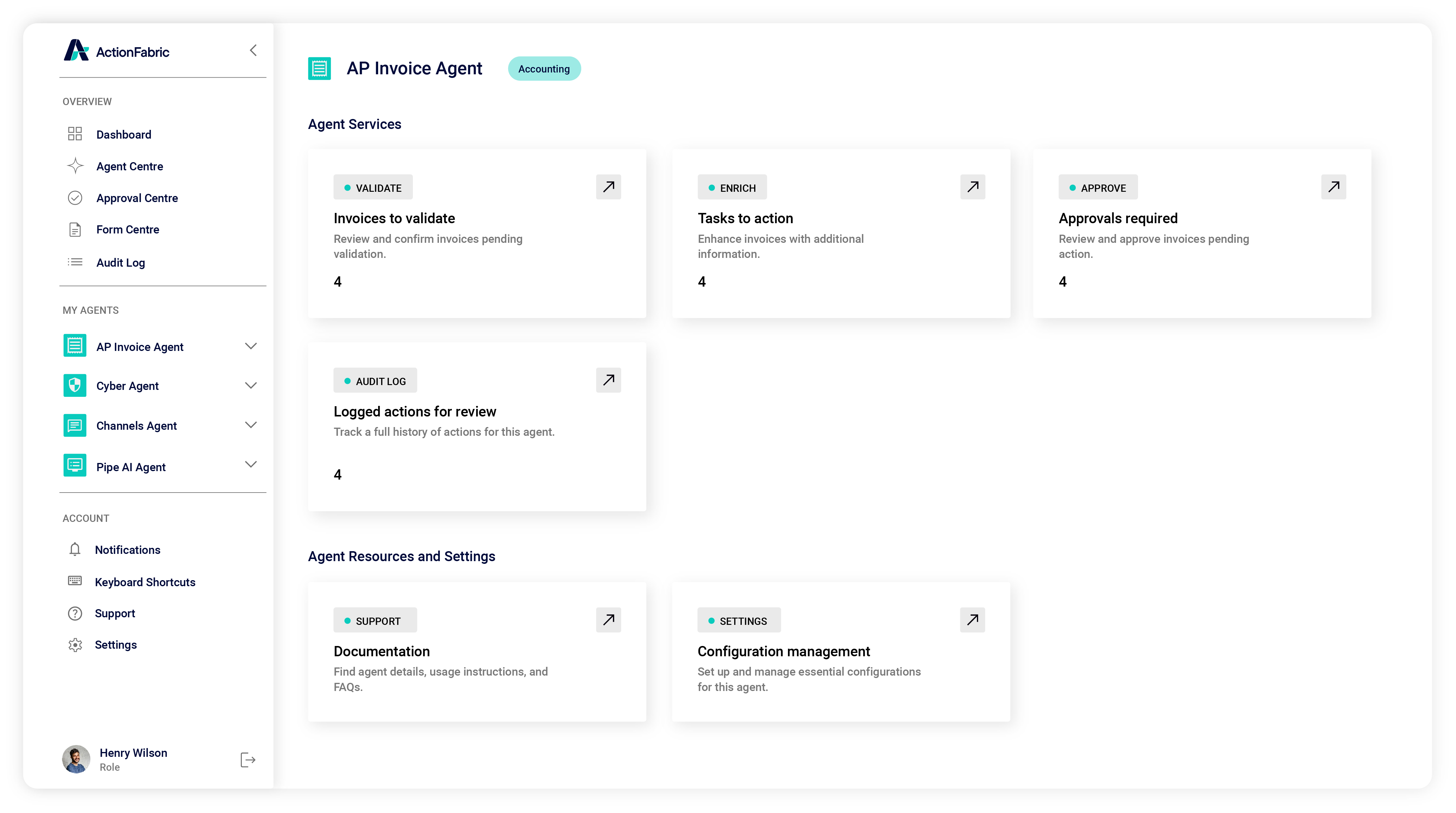 Dashboard interface for AP Invoice Agent showing sections for validating invoices, tasks to action, approvals required, logged actions for review, documentation, and configuration management.