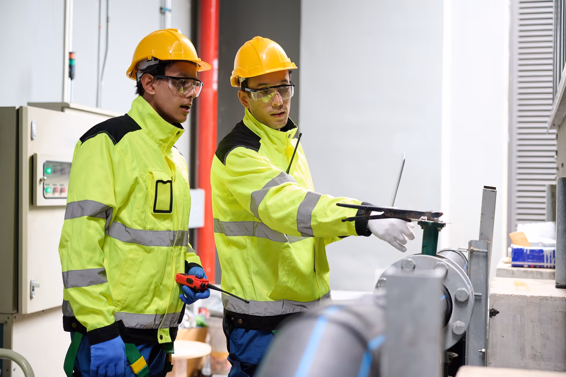 Two industrial workers in yellow high-visibility jackets and helmets inspecting piping equipment indoors.