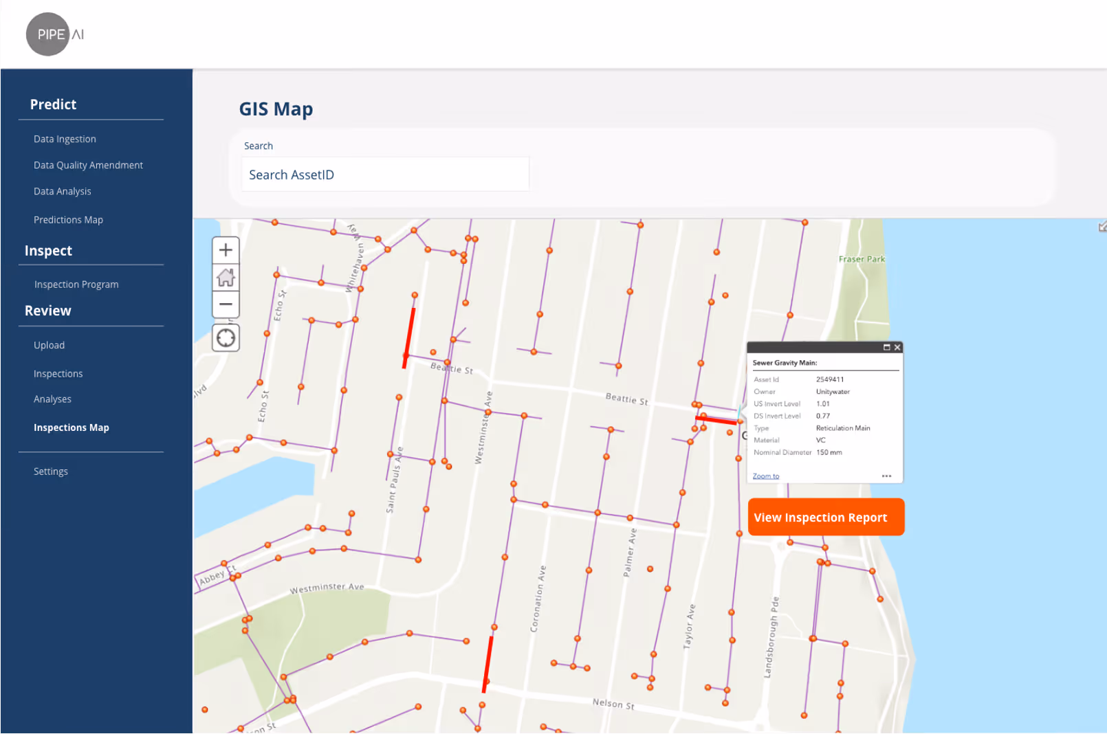 GIS map interface showing a city grid with highlighted sewer pipes, orange nodes, and an information box detailing a sewer gravity main asset, along with a side menu for data and inspection options.