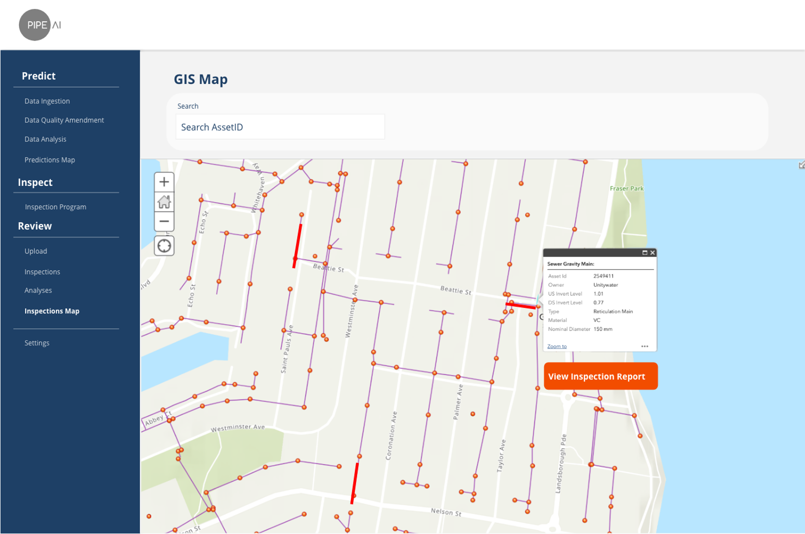 GIS map interface showing a city grid with highlighted sewer pipes, orange nodes, and an information box detailing a sewer gravity main asset, along with a side menu for data and inspection options.