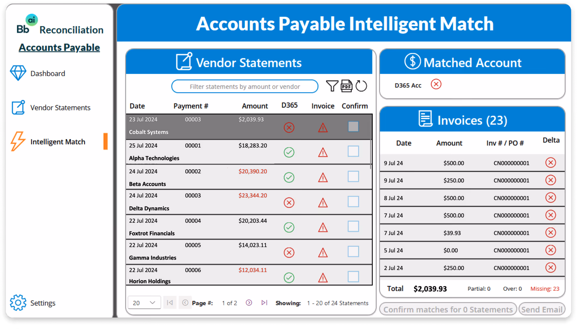Accounts Payable Intelligent Match dashboard showing vendor statements with dates, payment numbers, amounts, and confirmation checkboxes alongside matched account and list of invoices with amounts and status icons.