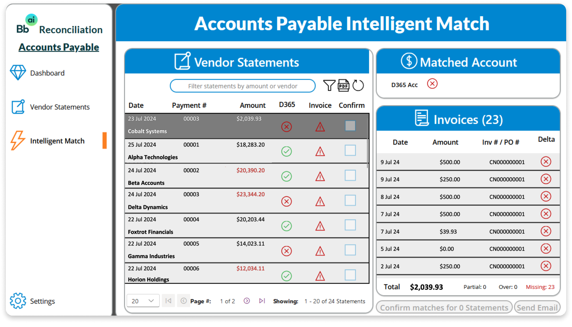 Accounts Payable Intelligent Match dashboard showing vendor statements with dates, payment numbers, amounts, and confirmation checkboxes alongside matched account and list of invoices with amounts and status icons.
