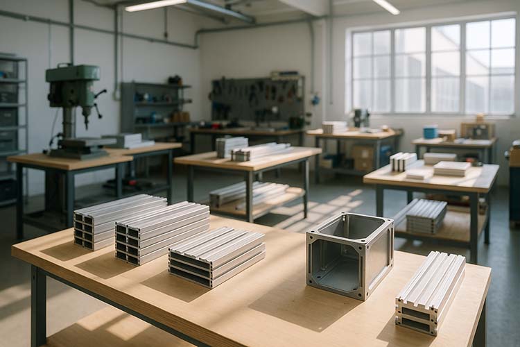 Bright, modern workshop with sunlight streaming through large windows, showing neatly arranged metal parts on wooden workbenches.