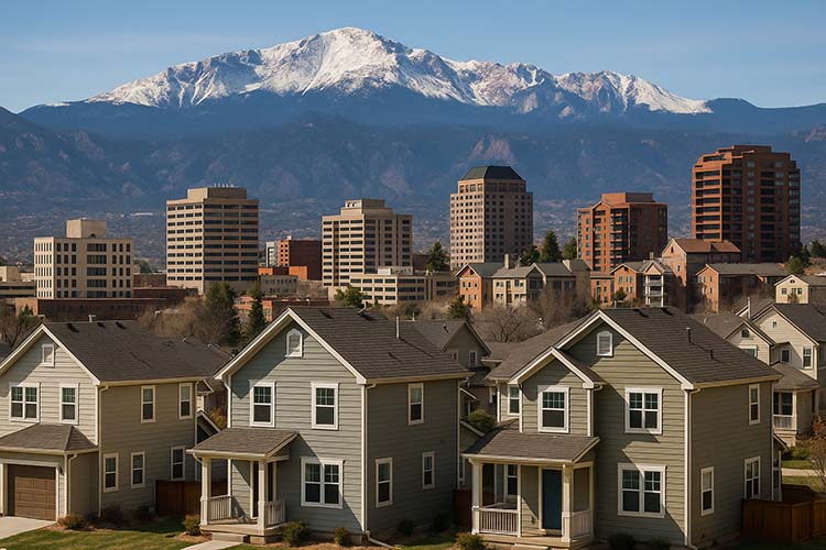 The Colorado Springs skyline and residential homes with the snow-capped Pikes Peak prominent in the background.