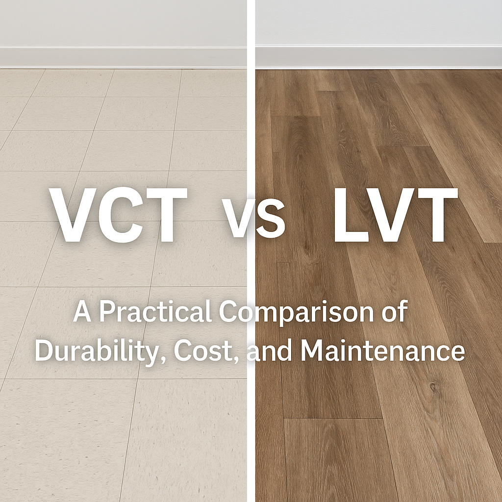 Side-by-side comparison of VCT tile and LVT flooring showing durability, cost, and maintenance differences.