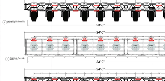 A technical drawing showing lighting fixtures on truss