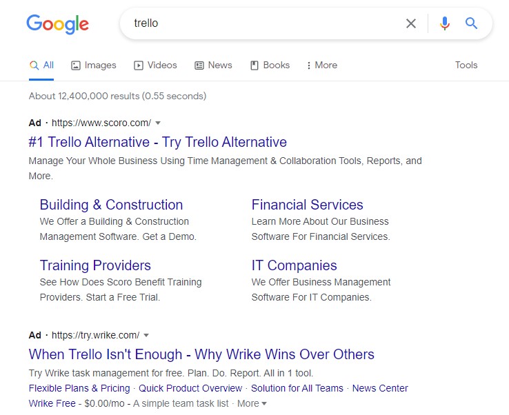 Company ad using competitor keyword ranks on google search results page