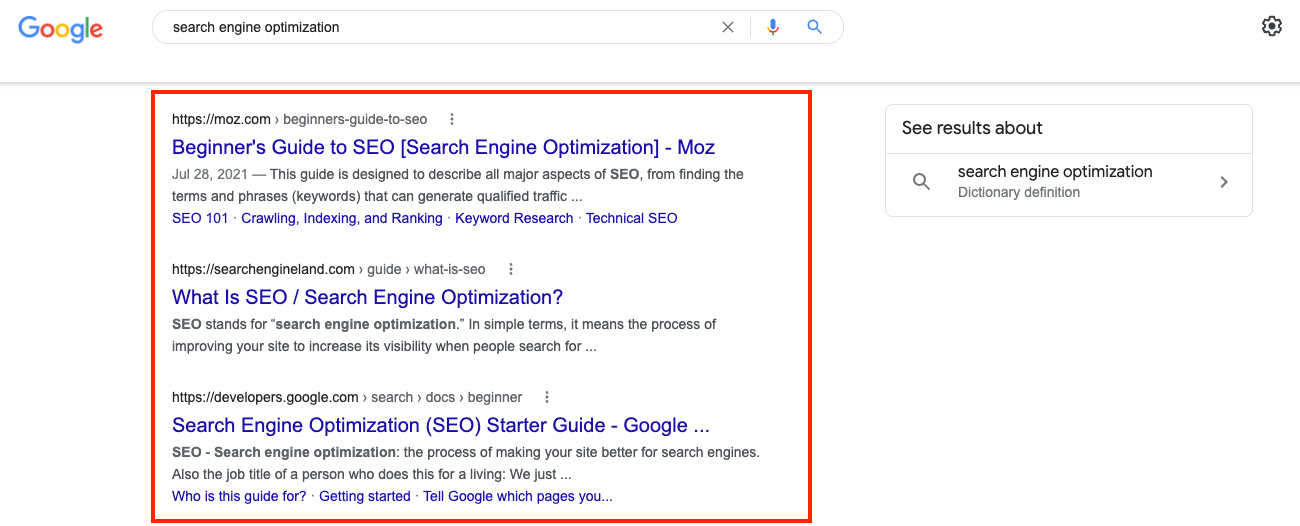 Screenshot of Google search results for Search Engine Optimization with red enclosure