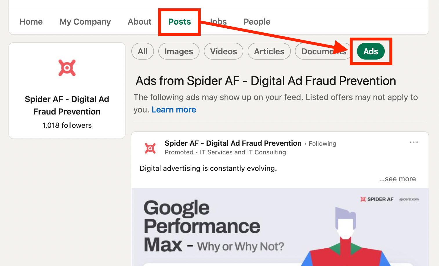 Filter for "Ads" on LinkedIn