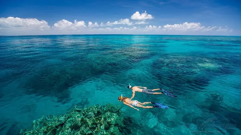 Two snorkellers swimming above a vibrant coral reef in clear turquoise ocean water under a bright blue sky with scattered clouds.