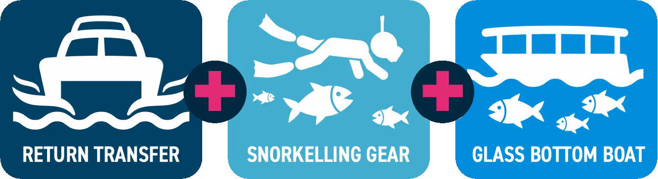Icons representing a return transfer by boat, snorkeling gear with a diver and fish, plus a glass bottom boat with fish.