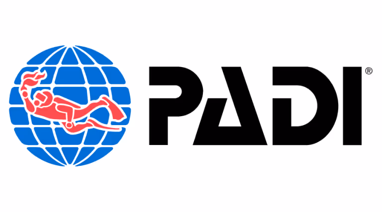 PADI logo featuring a red scuba diver over a blue globe, next to bold black text 'PADI'.
